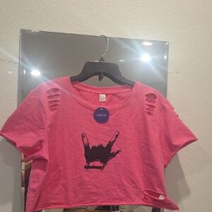 Pink Distressed Graphic Crop Top with Rock Hand Print